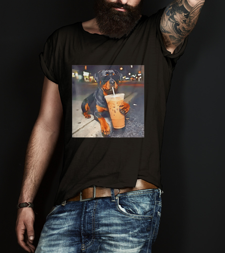 Rottweiler Drinking Iced Coffee Wearing Sunglasses Funny Dog T-Shirt