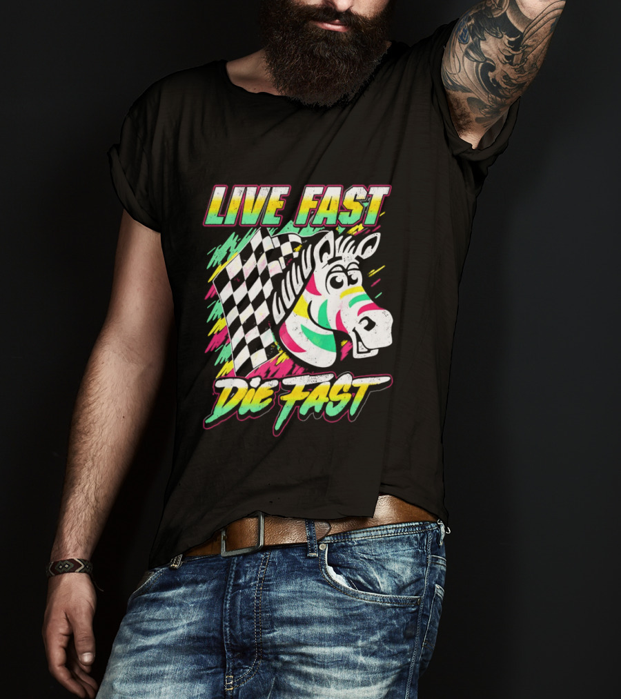 Zebra Checkered Flag Live Fast Die Fast Retro Neon T-Shirt