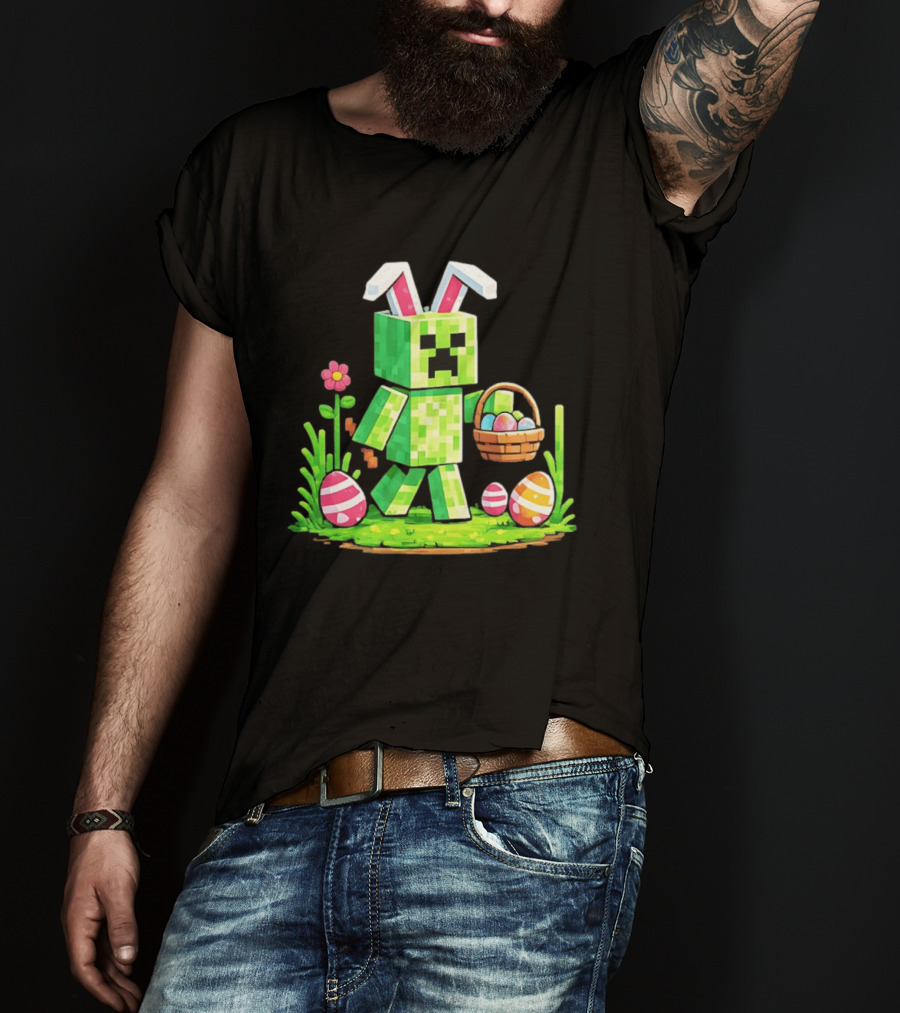 Creeper Rabbit Ears Easter Egg Hunt Gamer Pixel T-Shirt