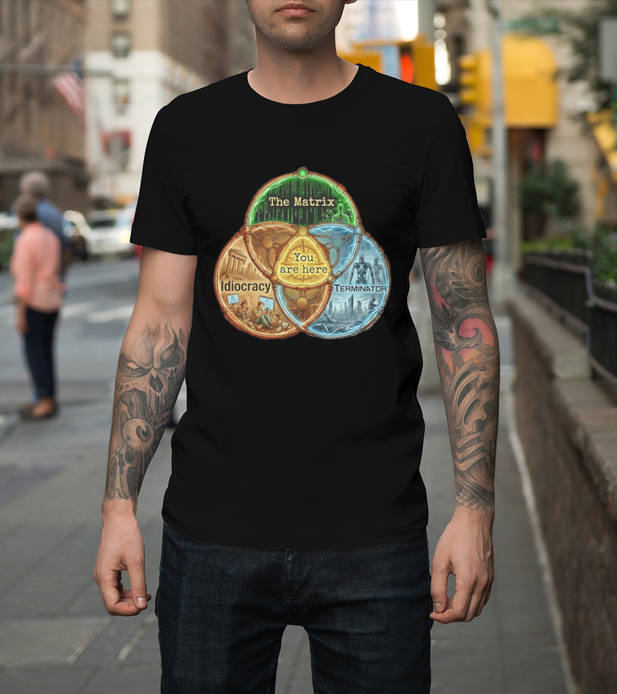 The Matrix Idiocracy Terminator You Are Here Fusion Of Iconic Sci Fi Dystopias T-Shirt