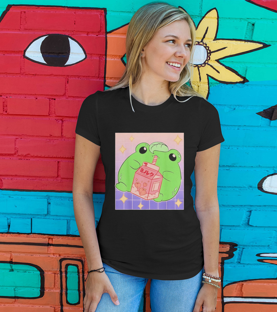 Frog With Peach Milk Box Kawaii Cartoon T-Shirt