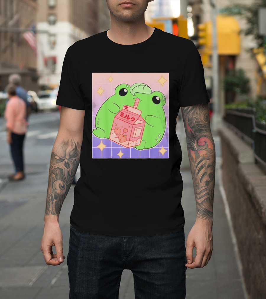 Frog With Peach Milk Box Kawaii Cartoon T-Shirt