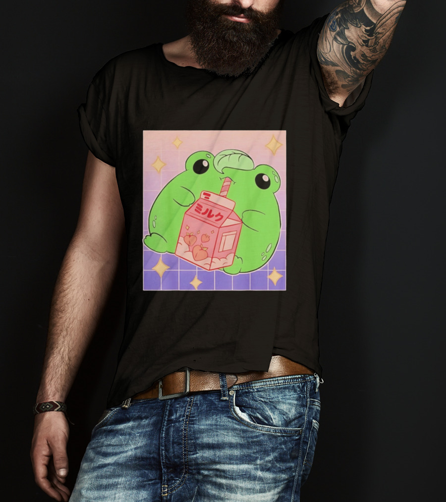Frog With Peach Milk Box Kawaii Cartoon T-Shirt