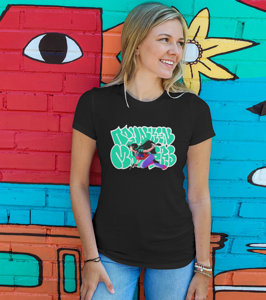 Drunken Masters Anime Girl Green Graffiti Gun Action T-Shirt