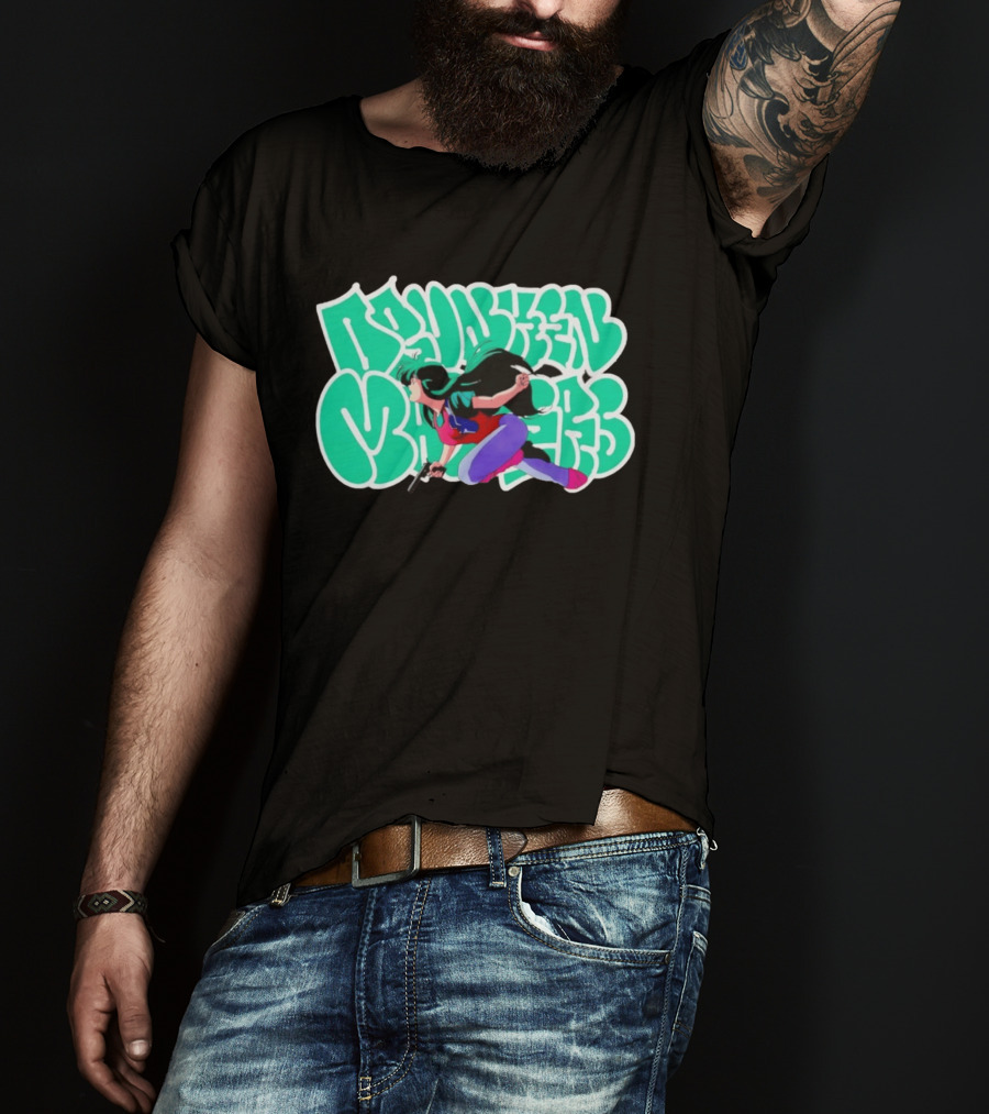 Drunken Masters Anime Girl Green Graffiti Gun Action T-Shirt