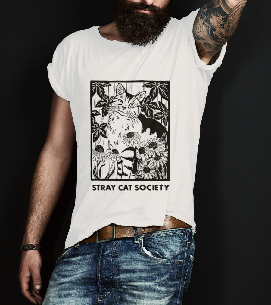 Stray Cat Society Floral And Feline Illustration With Botanical T-Shirt