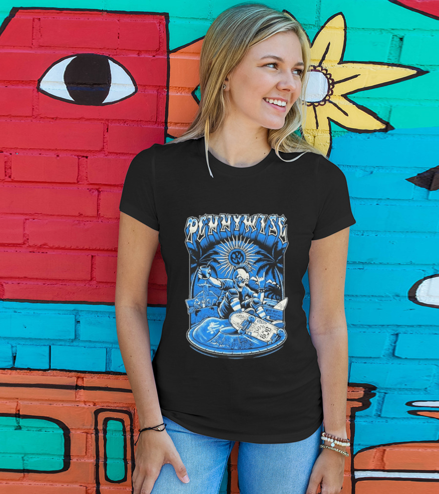 Pennywise South America Tour 2026 Skater Beach Scene With Skeleton And Skateboard Palms Waves Cup Blue Sunburst T-Shirt