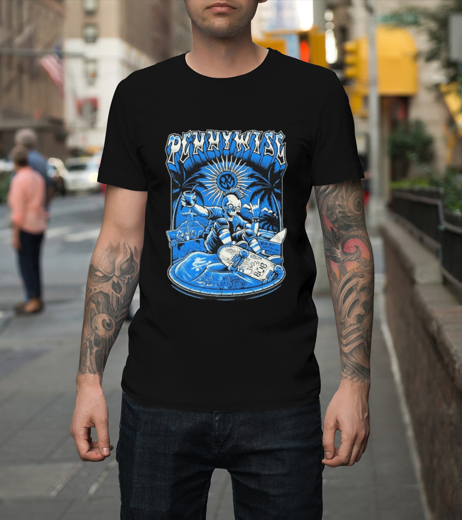 Pennywise South America Tour 2026 Skater Beach Scene With Skeleton And Skateboard Palms Waves Cup Blue Sunburst T-Shirt