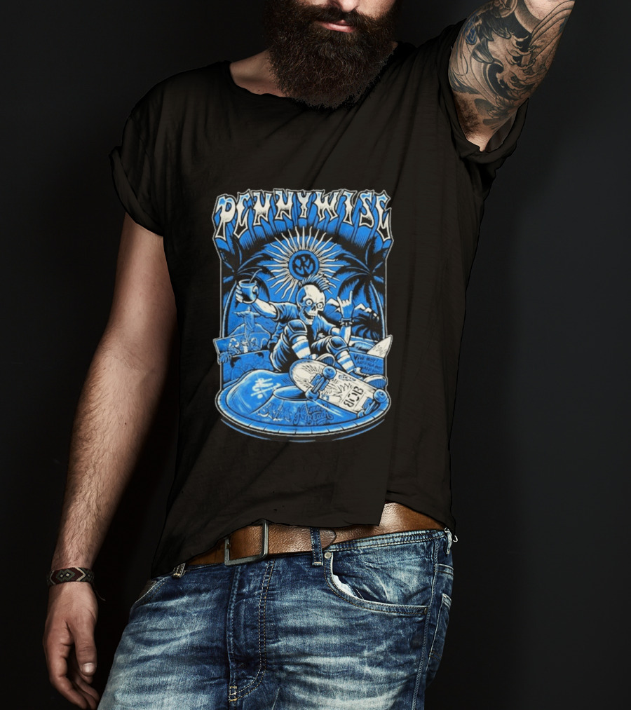Pennywise South America Tour 2026 Skater Beach Scene With Skeleton And Skateboard Palms Waves Cup Blue Sunburst T-Shirt