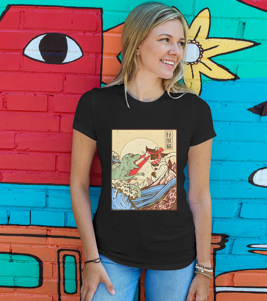 Japanese Great Wave Cat Vs Monster Classic Kaiju T-Shirt