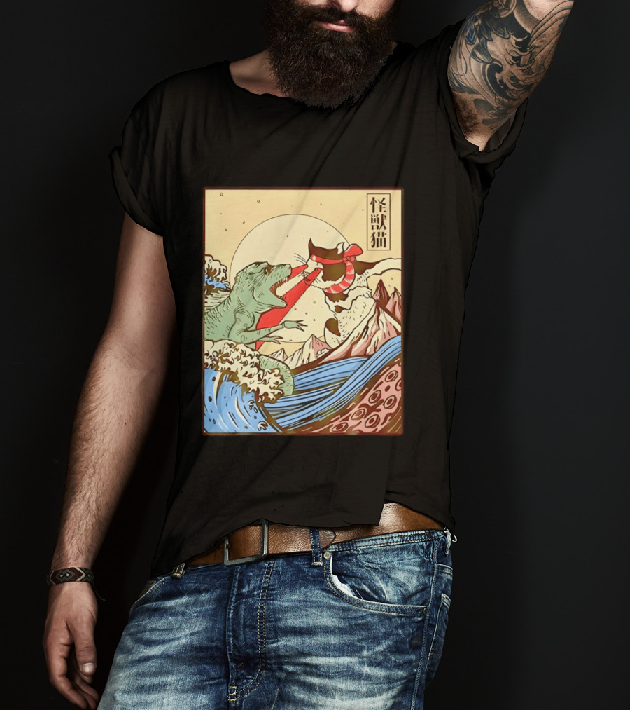 Japanese Great Wave Cat Vs Monster Classic Kaiju T-Shirt