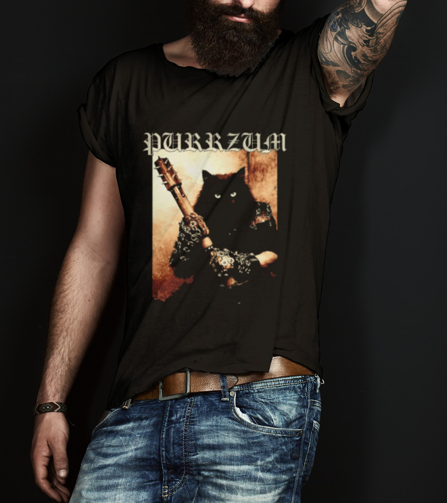 Purrzum Cat Black Metal Aesthetic Feline Holding Guitar T-Shirt