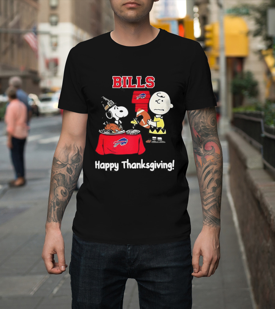 Snoopy And Charlie Brown Celebrate Buffalo Bills Happy Thanksgiving T-Shirt