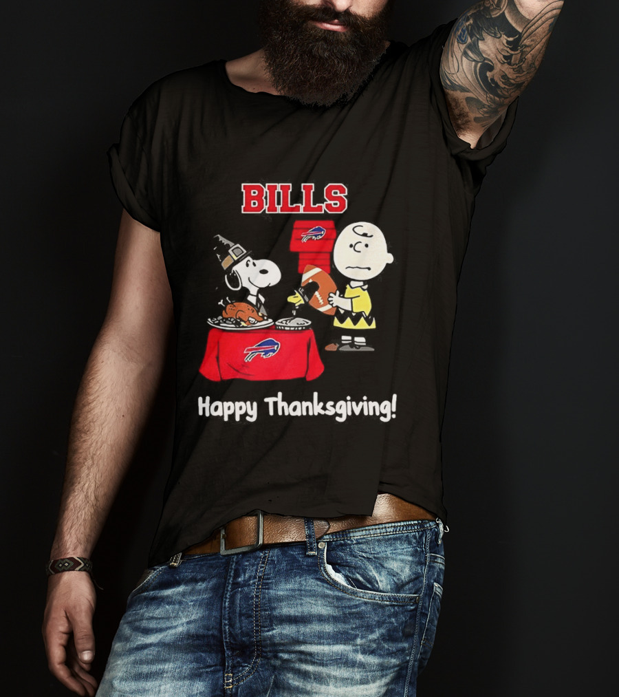 Snoopy And Charlie Brown Celebrate Buffalo Bills Happy Thanksgiving T-Shirt