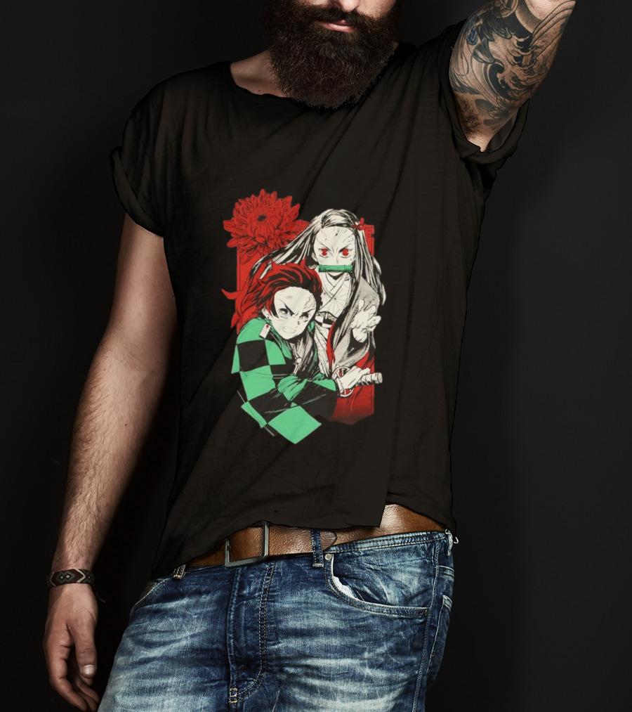 Tanjiro And Nezuko Demon Slayer Manga Red Flower T-Shirt