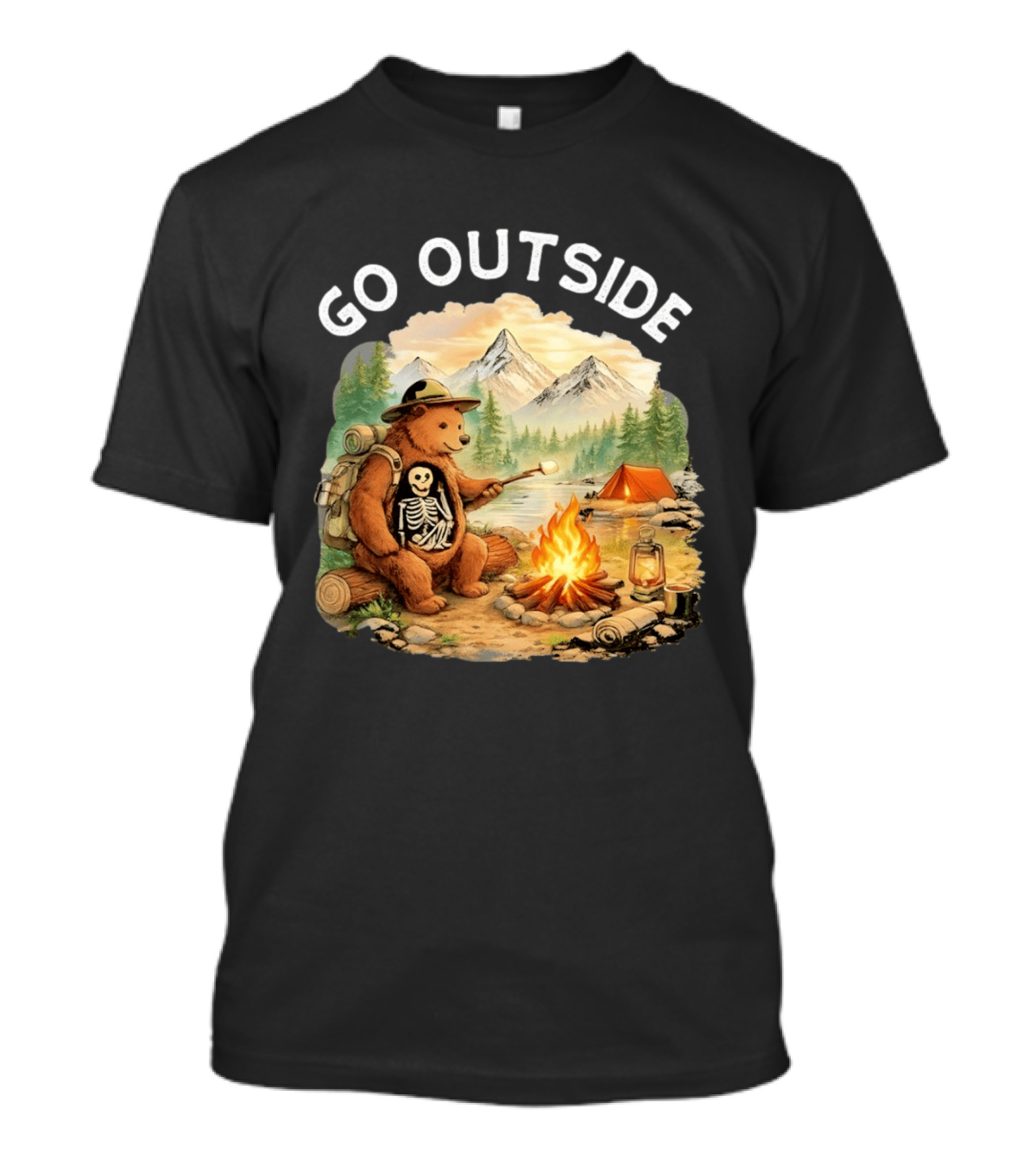 Hiking Bear Campfire Skeleton Inside Bear's Stomach Go Outside T-Shirt