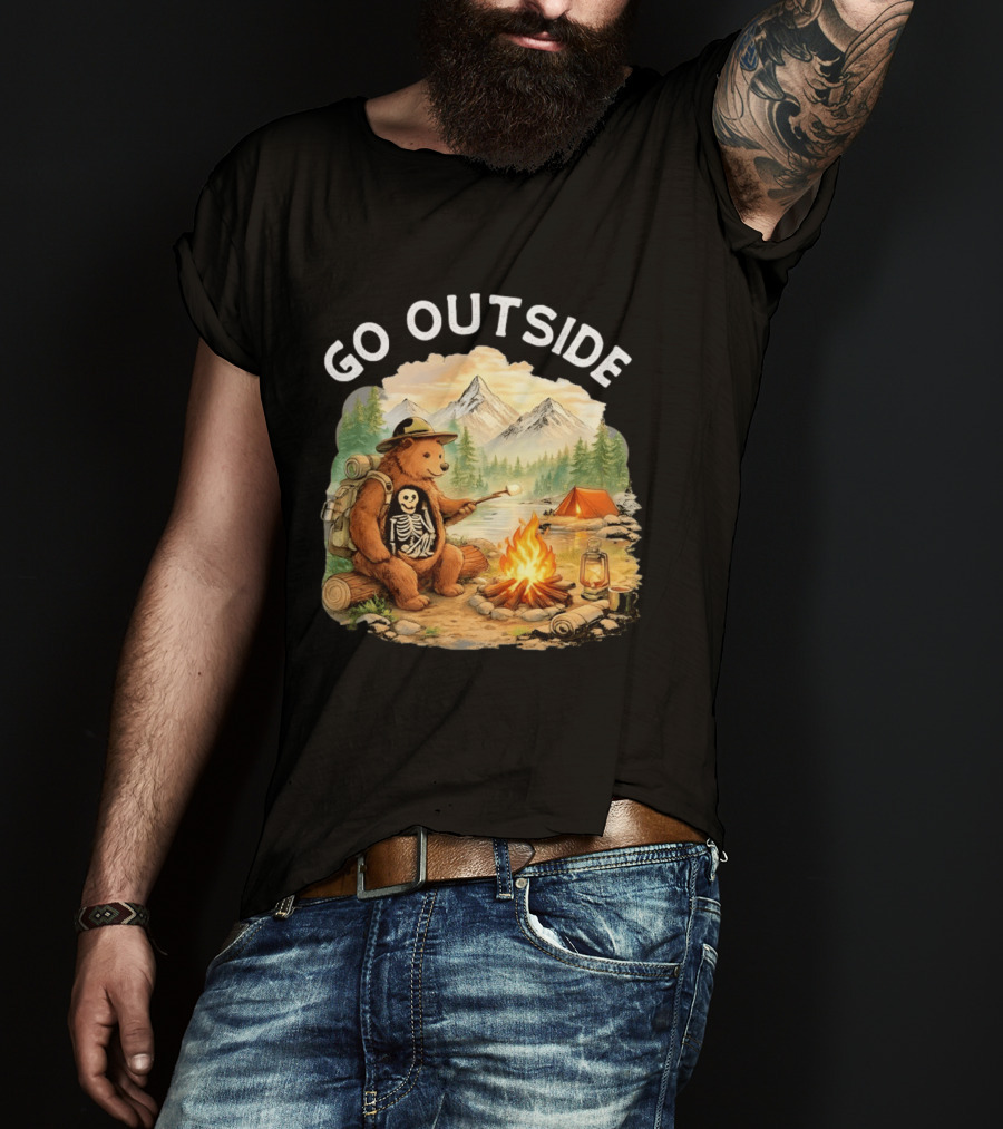 Hiking Bear Campfire Skeleton Inside Bear's Stomach Go Outside T-Shirt