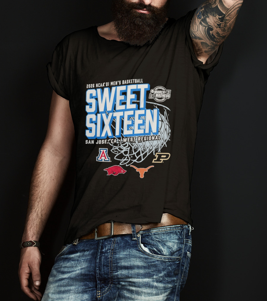 2026 NCAA DI Men's Basketball Sweet Sixteen San Jose West Regional Arizona Arkansas Texas Purdue Logos T-Shirt