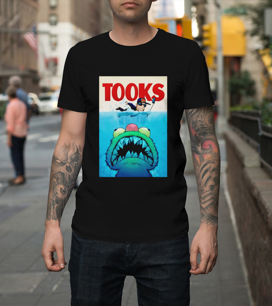 TOOKS Cartoon Giant Monster Inspired By Jaws With Diver And Cap T-Shirt