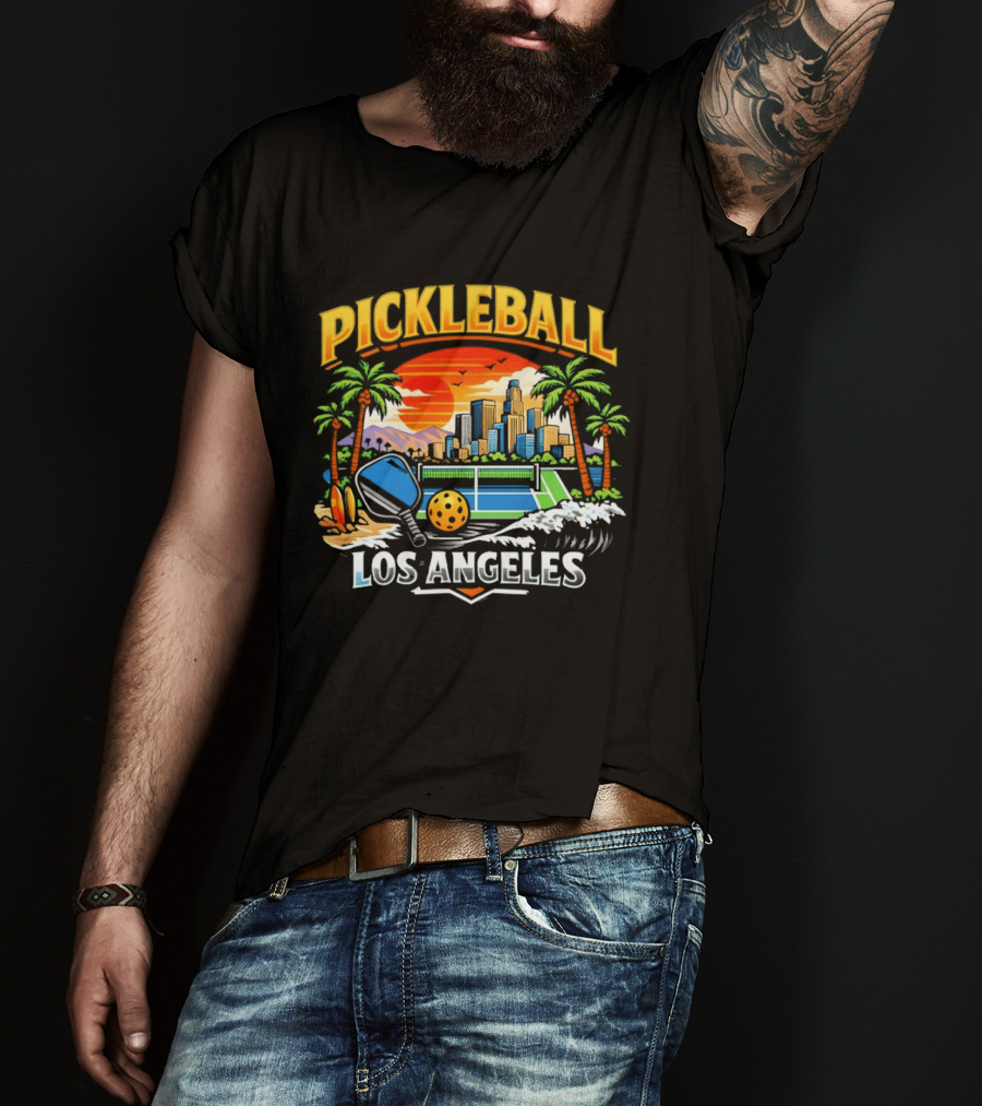 Los Angeles Pickleball City Skyline Sunset Palm Trees T-Shirt