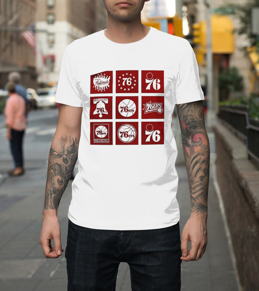 Philadelphia 76ers NBA Team Retro Icons And Number 76 Basketball Squares T-Shirt