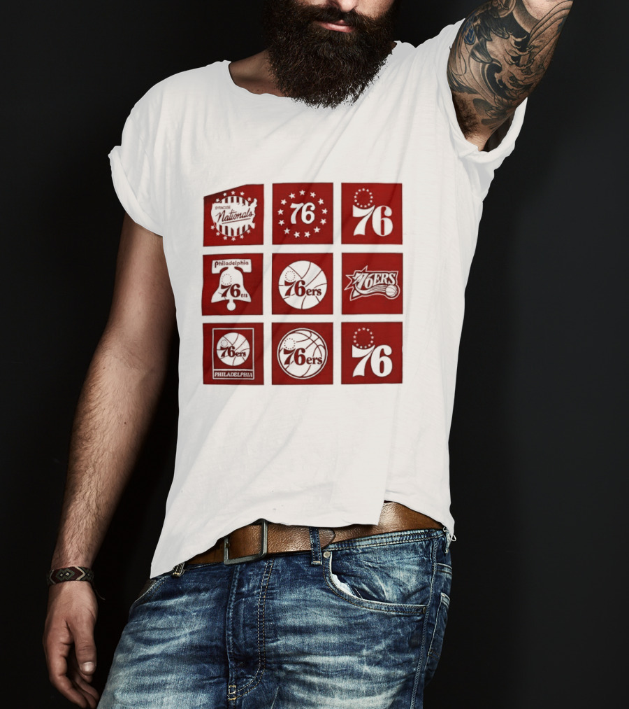 Philadelphia 76ers NBA Team Retro Icons And Number 76 Basketball Squares T-Shirt