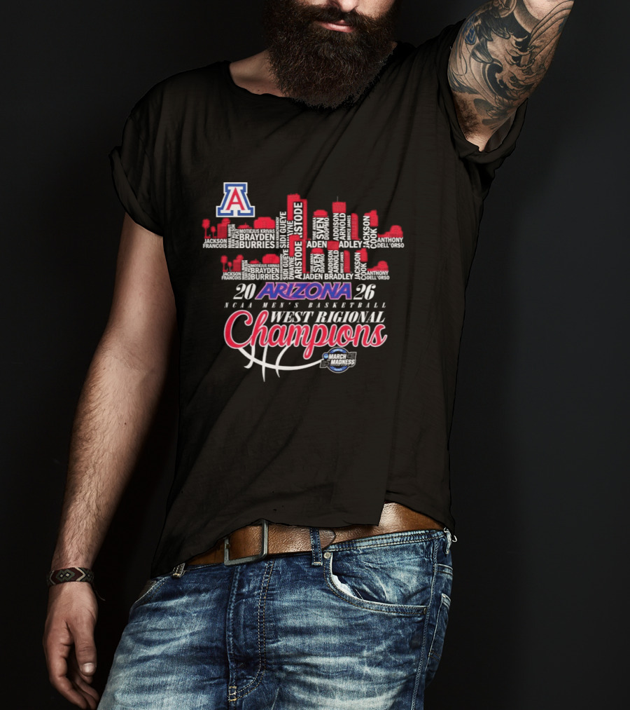 Arizona Wildcats 2026 NCAA Men's Basketball West Regional Champions Skyline T-Shirt