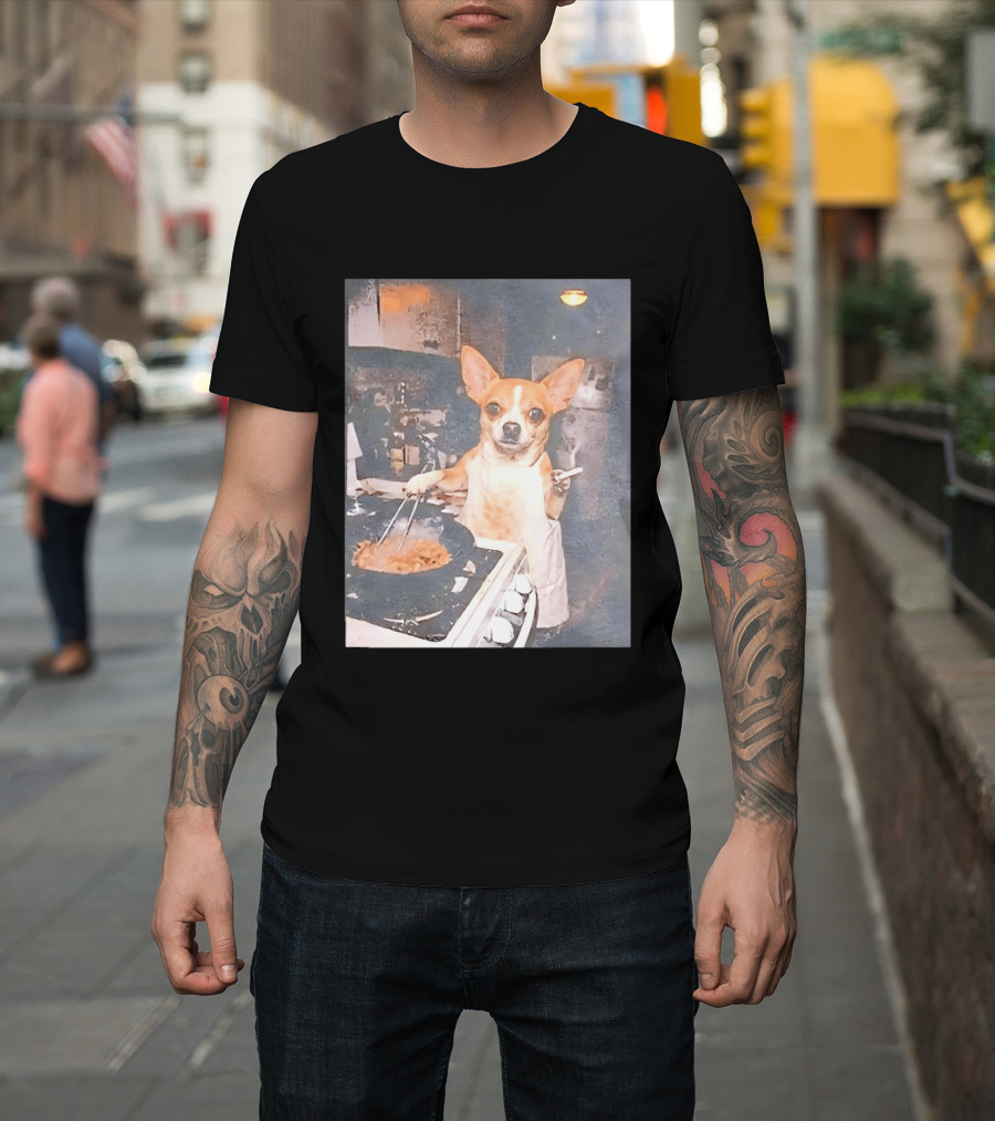 Chihuahua In Apron Cooking While Smoking In Vintage Kitchen Scene T-Shirt