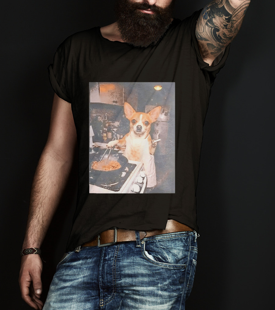 Chihuahua In Apron Cooking While Smoking In Vintage Kitchen Scene T-Shirt