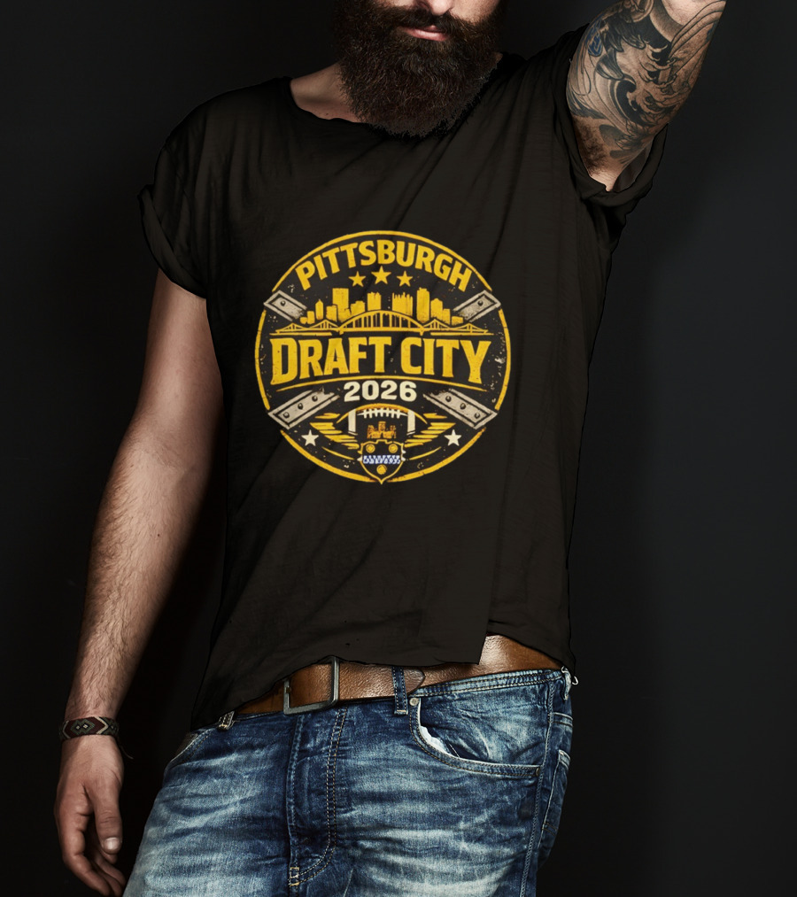 Pittsburgh Draft City 2026 Skyline Football T-Shirt
