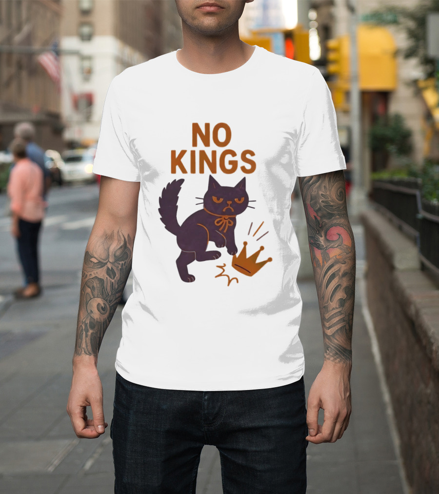 No Kings Black Cat Kicking Crown T-Shirt