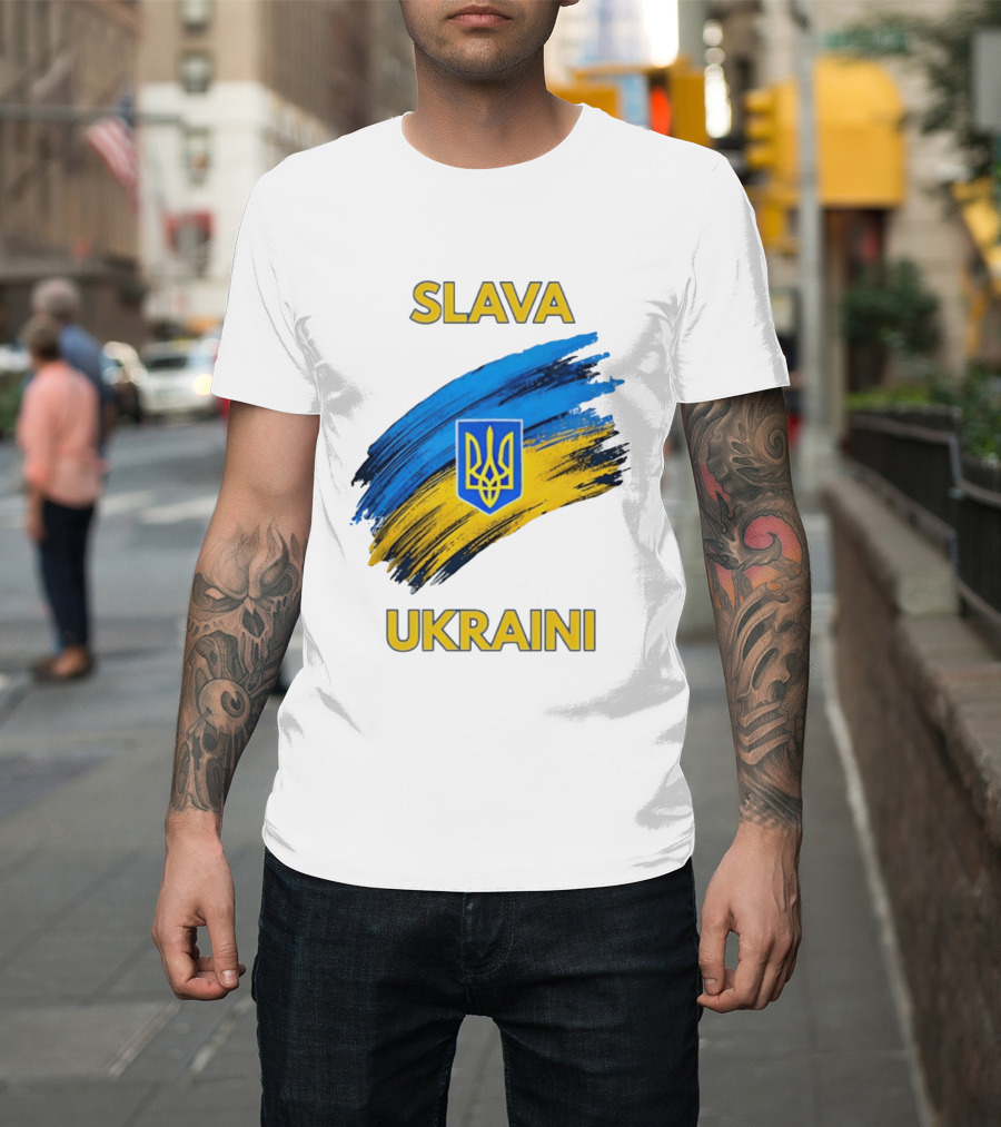 Slava Ukraini Emblem With Blue And Yellow Brush Strokes T-Shirt