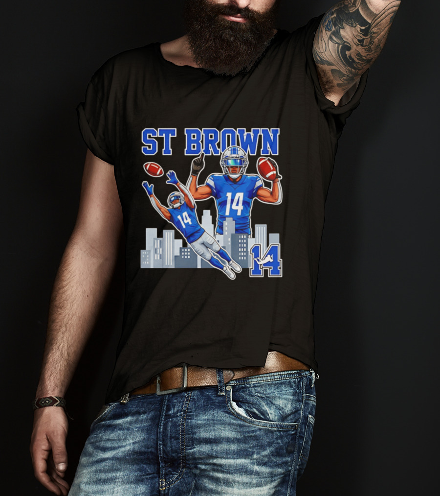ST Brown 14 Detroit Lions Football City Skyline T-Shirt
