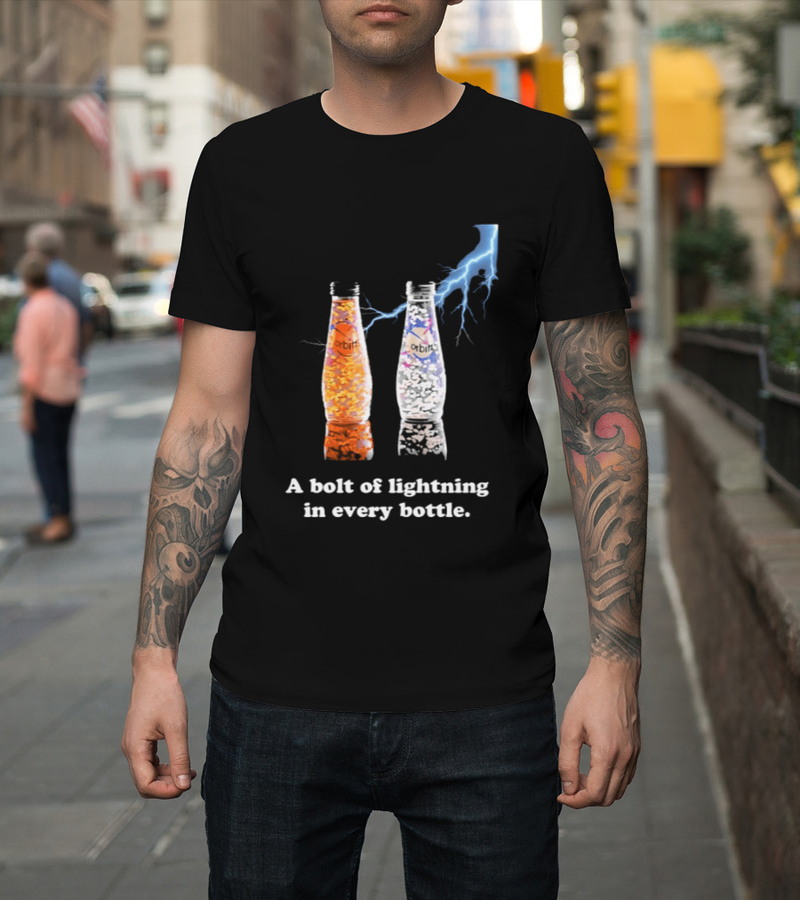 Orbitz A Bolt of Lightning in Every Bottle Drink Bottles with Lightning Blue and Orange T-Shirt