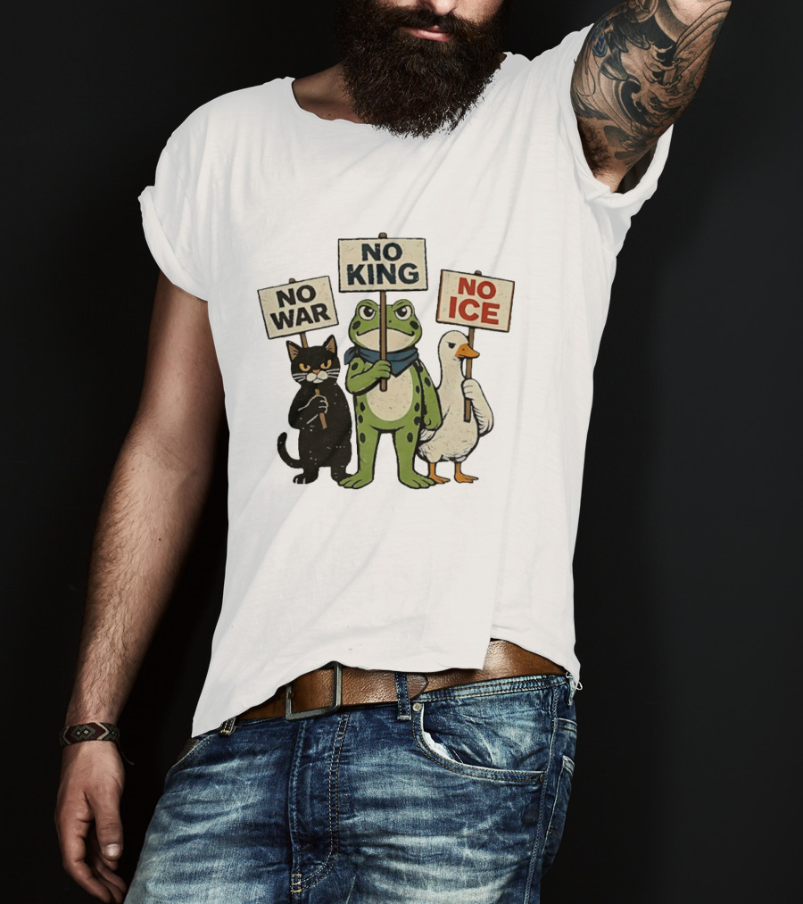 Black Cat Holing No War Frog Holding No King And Goose Holding No ICE Sign T-Shirt