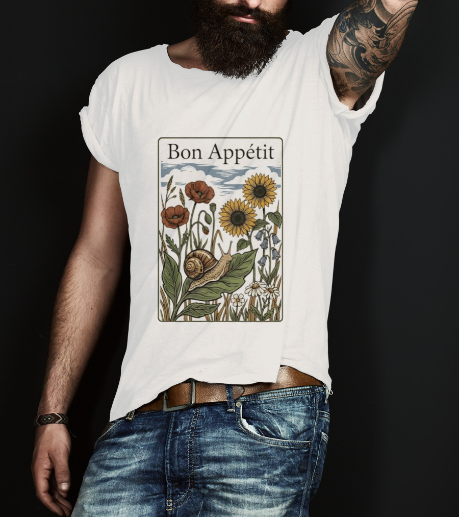 Bon Appétit Floral Snail Sunflowers And Poppies T-Shirt