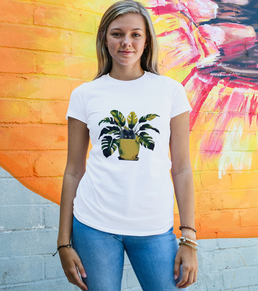 Cat In Monstera Potted Plant T-Shirt