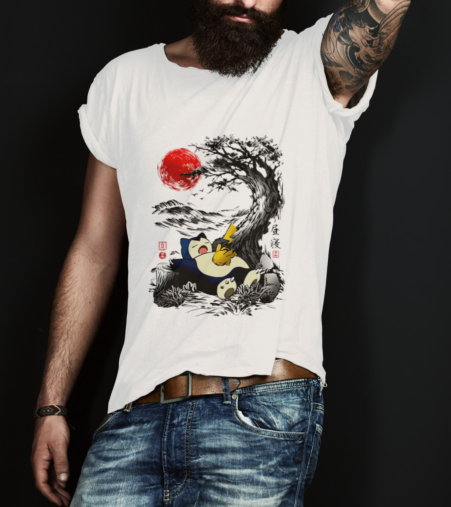 Snorlax Pikachu Napping Under Red Sun Tree T-Shirt