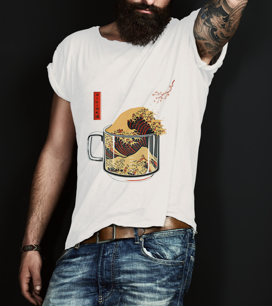 The Great Wave Of Coffee In A Cup With Japanese T-Shirt