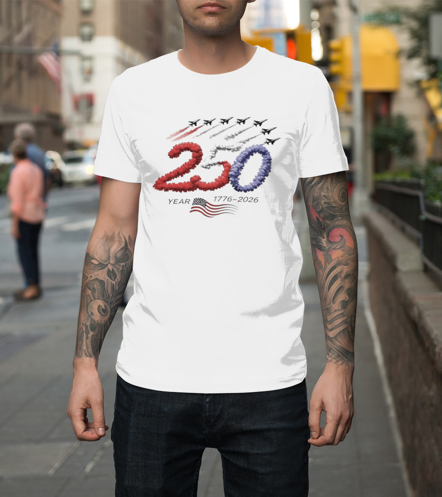 250 Year Anniversary USA Plane Smoke with American Flag T-Shirt