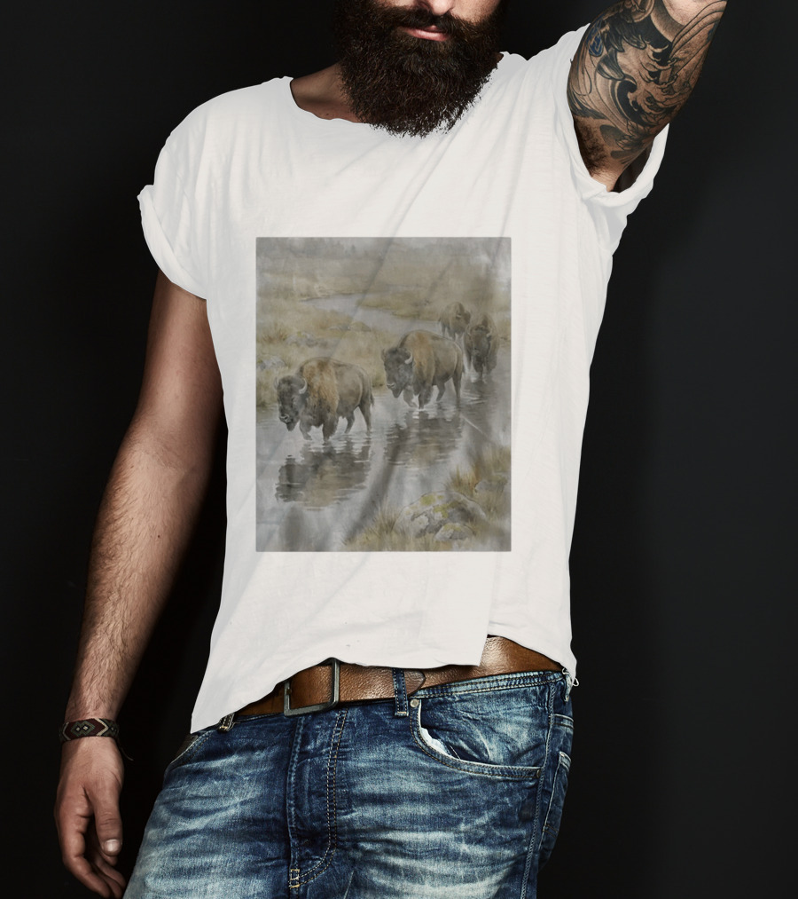 Bison Herd Crossing River On Prairie Landscape Scene T-Shirt