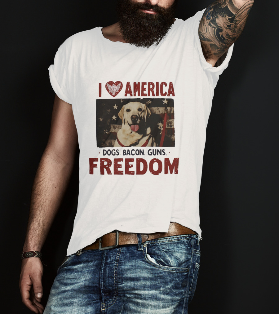 I Love America Dogs Bacon Guns Freedom Labrador Stars And Stripes T-Shirt