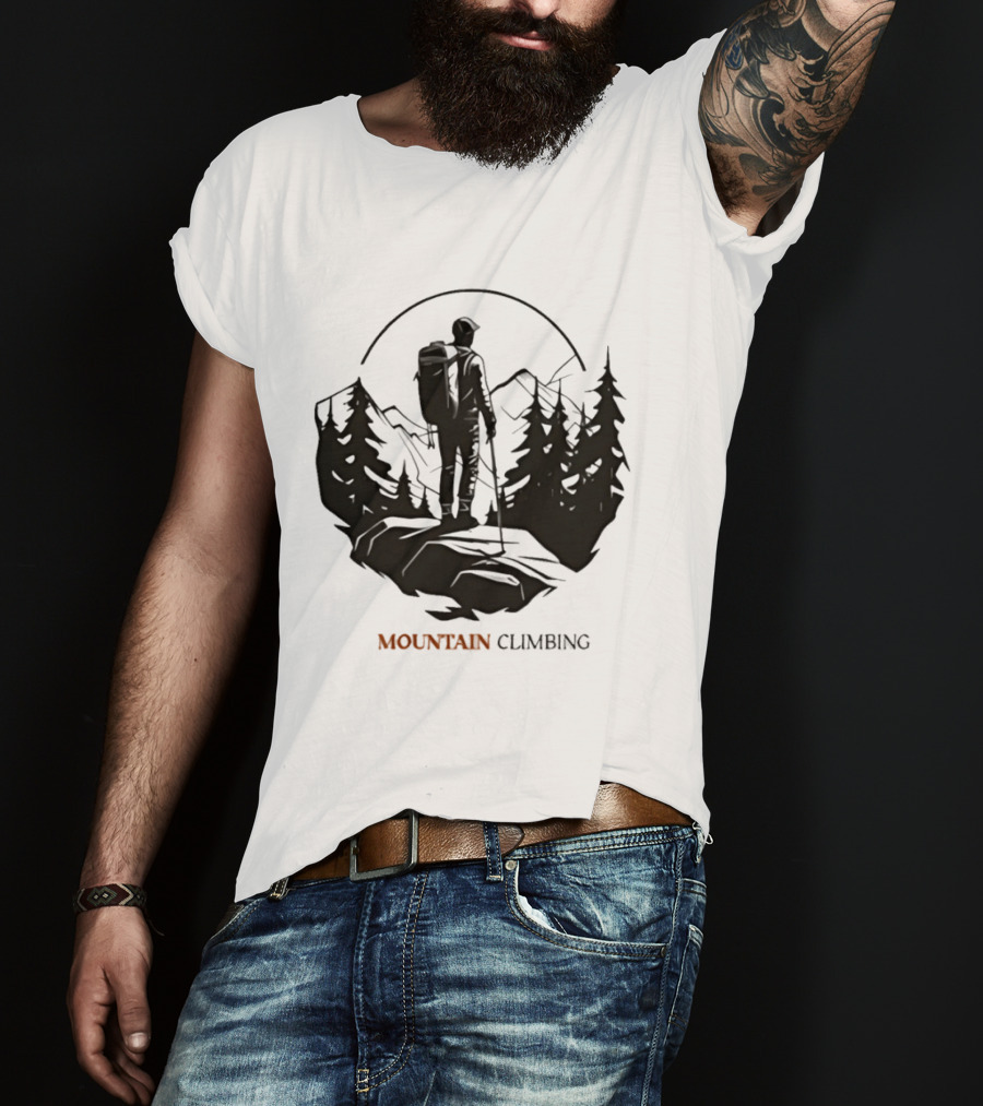 Mountain Climbing Adventure Climber On Cliff Overlooking Mountain And Forest T-Shirt