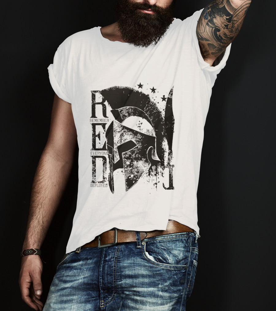 R.E.D. Remember Everyone Deployed Spartan Helmet Stars T-Shirt