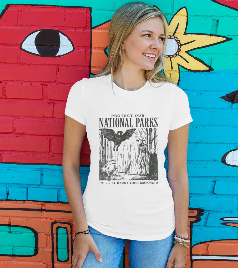 Protect Our National Parks Mothman Bigfoot Ghost Deer Cryptid Horror Characters T-Shirt