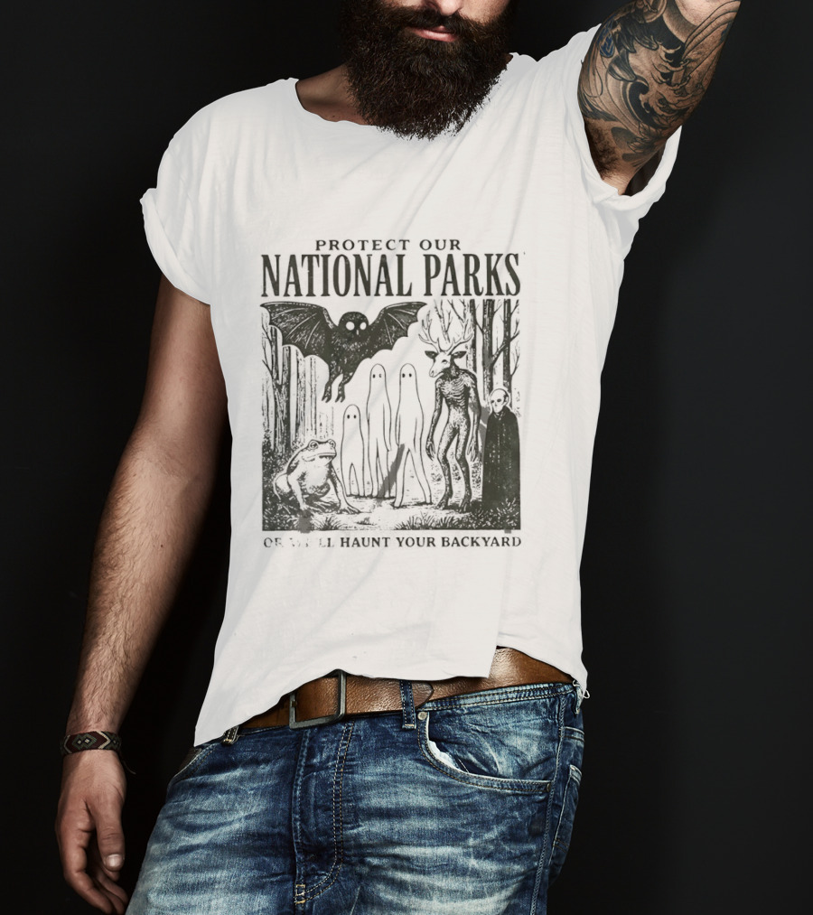 Protect Our National Parks Mothman Bigfoot Ghost Deer Cryptid Horror Characters T-Shirt