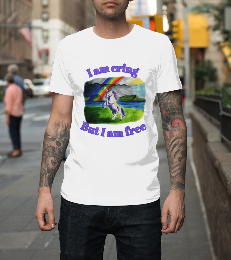 Unicorn I Am Cringe But I Am Free Rainbow Meadow T-Shirt