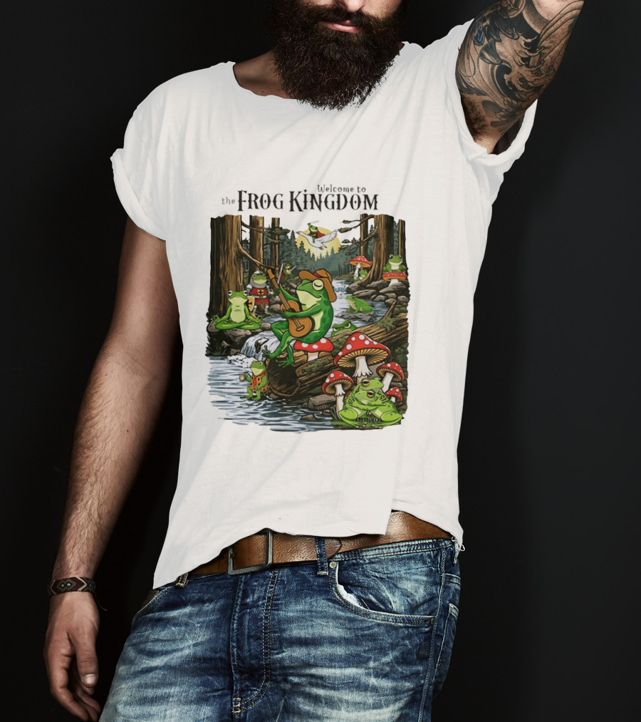 Frog Playing Guitar Forest Gathering Welcome To The Frog Kingdom T-Shirt