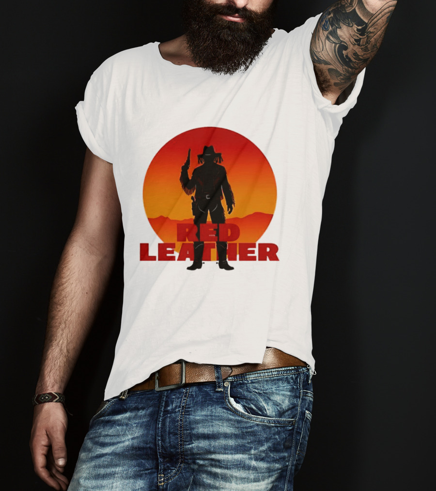 Red Leather Cowboy Sunset Silhouette With Gun And Hat In Desert T-Shirt
