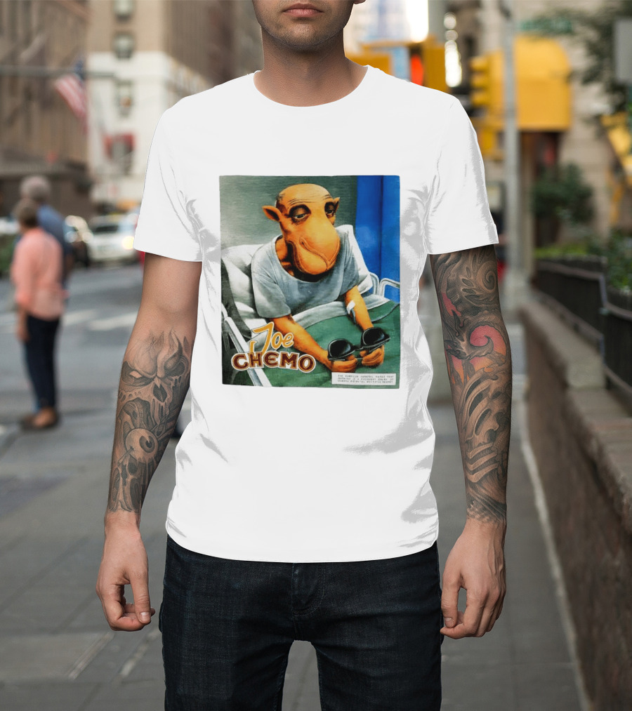Joe Chemo Hospital Gown Character in Bed Holding Sunglasses T-Shirt